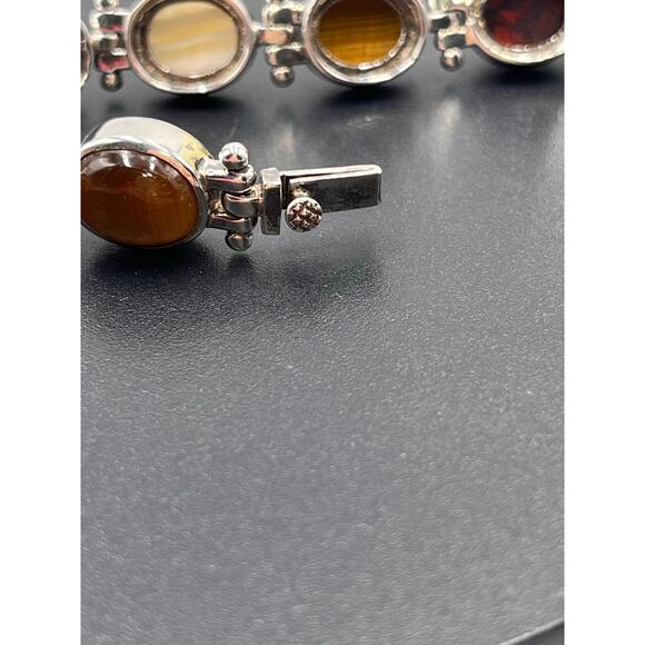 Sterling Silver Vintage Oval Stone Sodalite, Tigers Eye, Agate, Jasper Bracelet - Picture 7 of 9